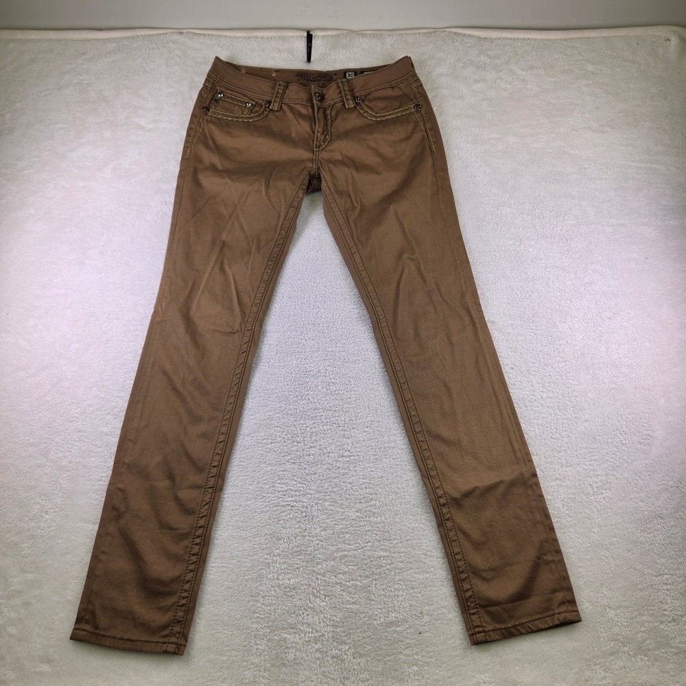 Miss Me JS5014S70 Skinny Pants Brown Embellished Rhinestone Low Rise Size 30